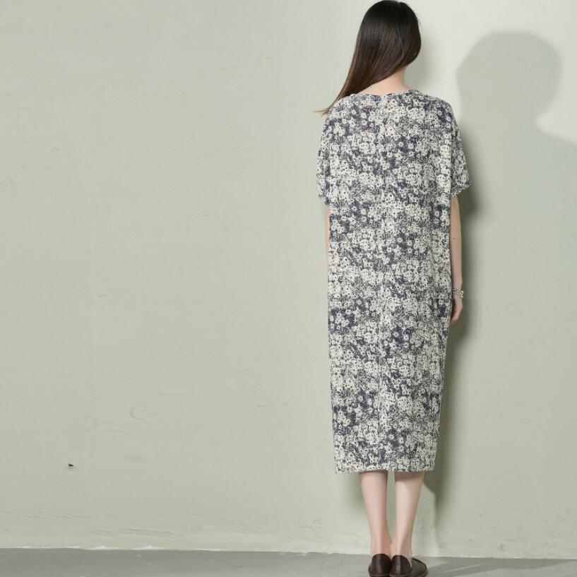 Navy Floral Linen Summer Maxi Dress Loose Long Sundress Casual Holiday Dresses ( Limited Stock)