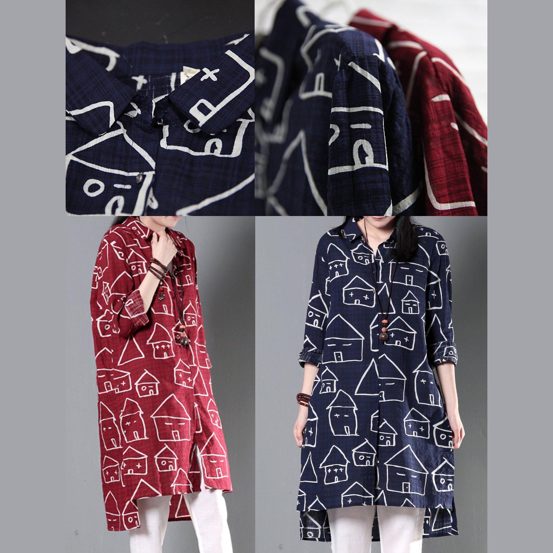 Navy happy house print cotton shirt dress summer shift dresses asymmetrical sundress