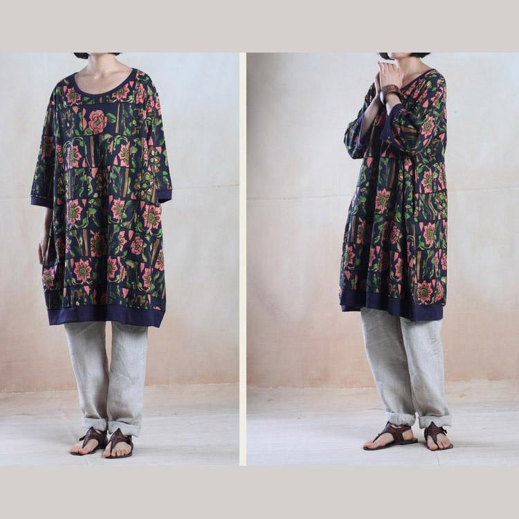 Navy print oversize cotton summer dress plus size sundress 3 quarter sleeve