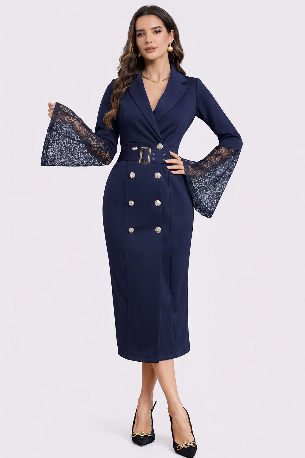 Double Breasted Belted Lace Bell Sleeve Blazer Midi Dress