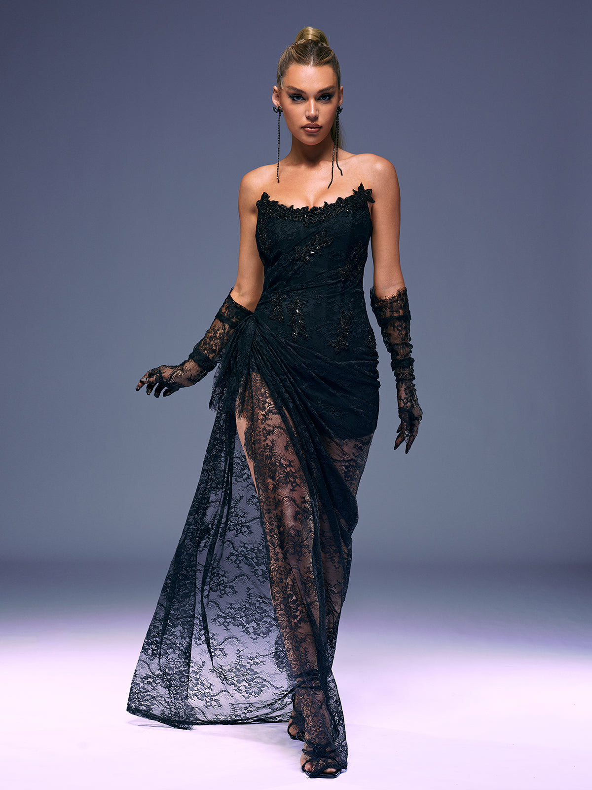 Nazia Strapless Lace Maxi Dress With Gloves 3