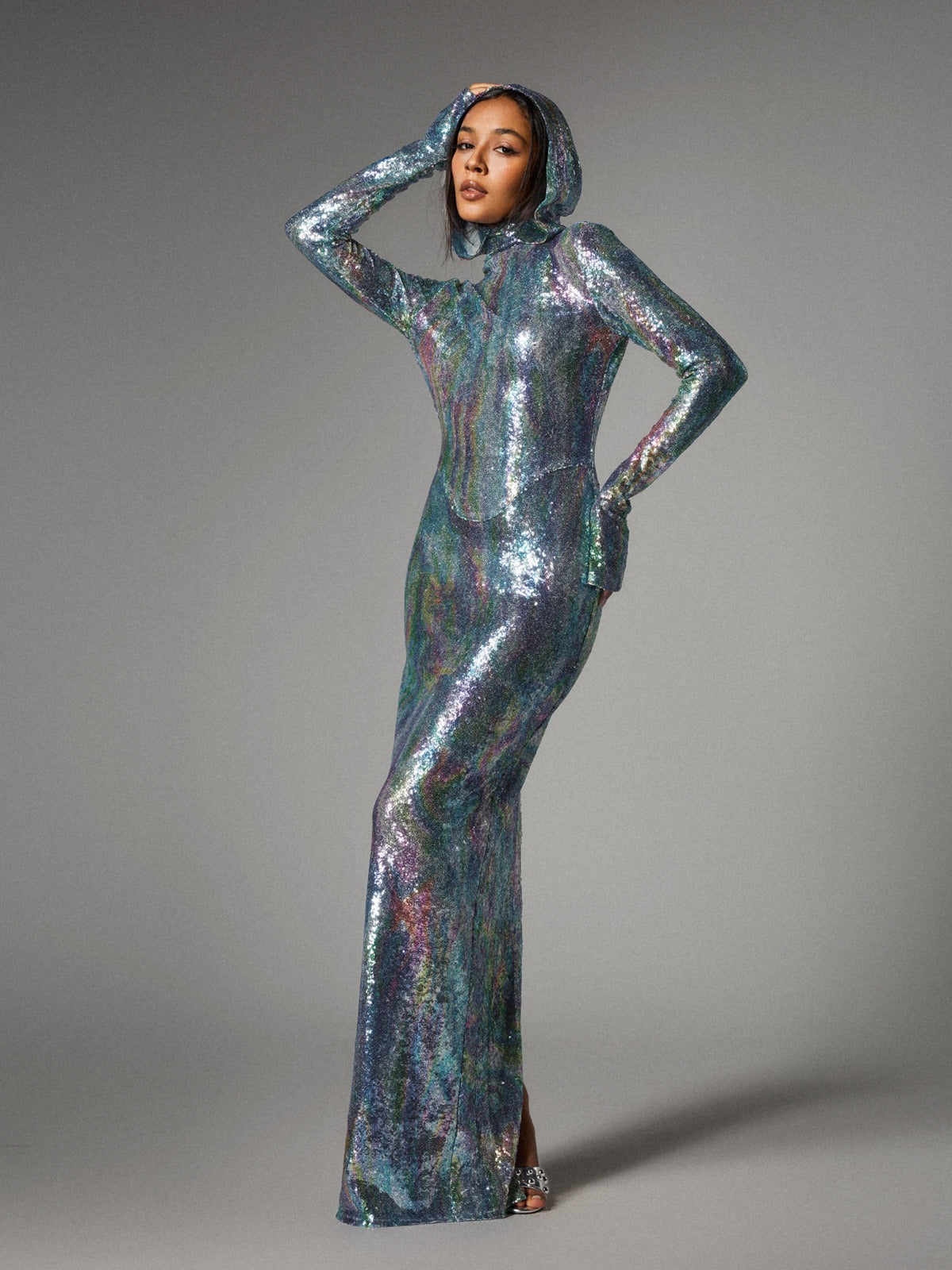 Ombre Long Sleeve Hooded Maxi Dress In Light Blue