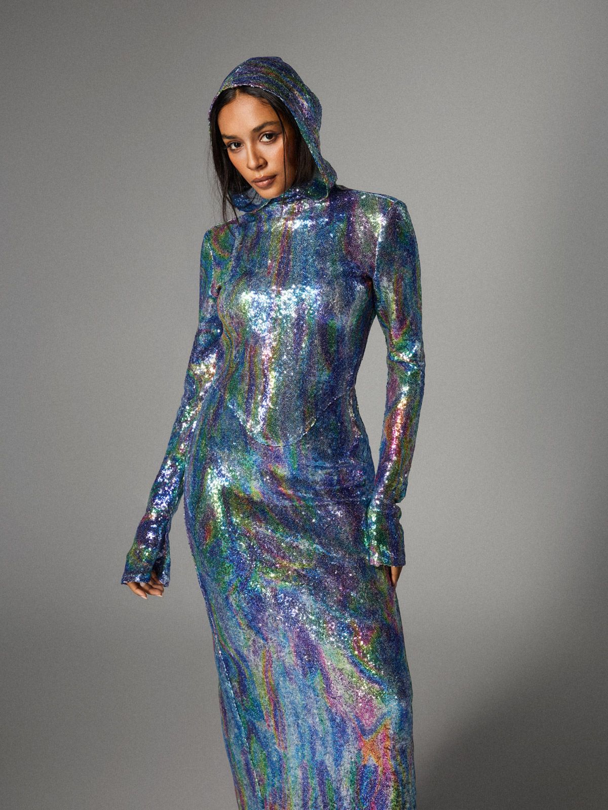 Ombre Long Sleeve Hooded Maxi Dress In Blue