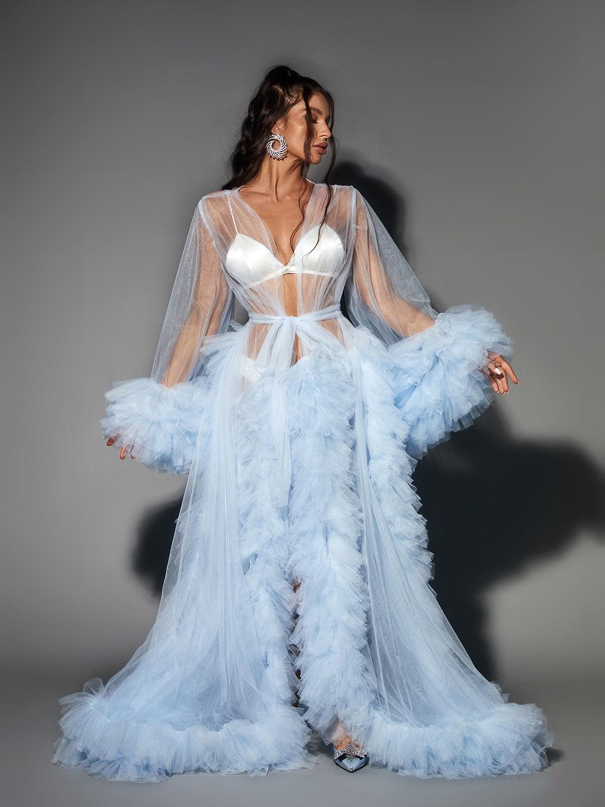 Nebula Long Sleeve Tulle Maxi Dress In Sky 2