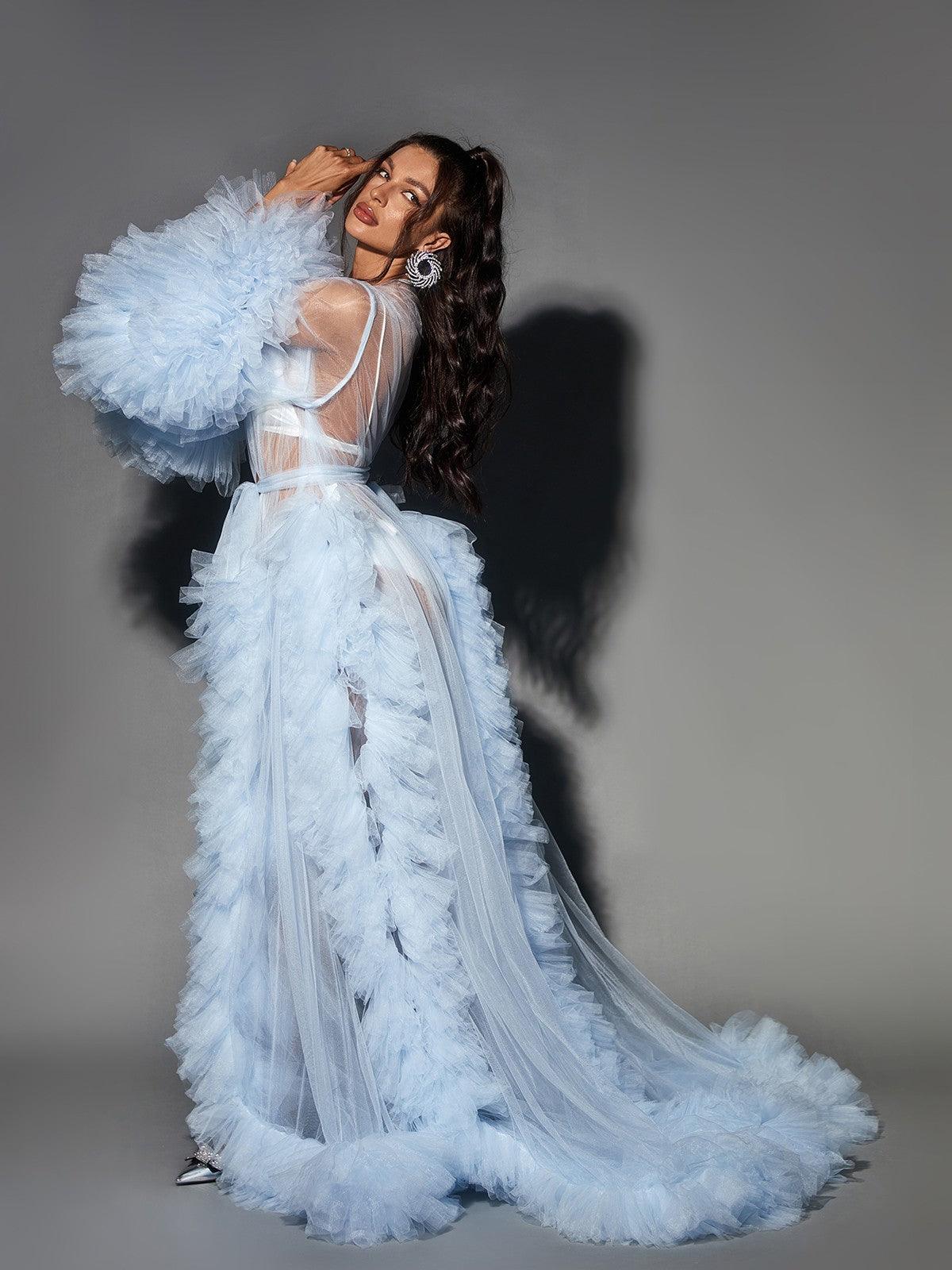 Nebula Long Sleeve Tulle Maxi Dress In Sky 5