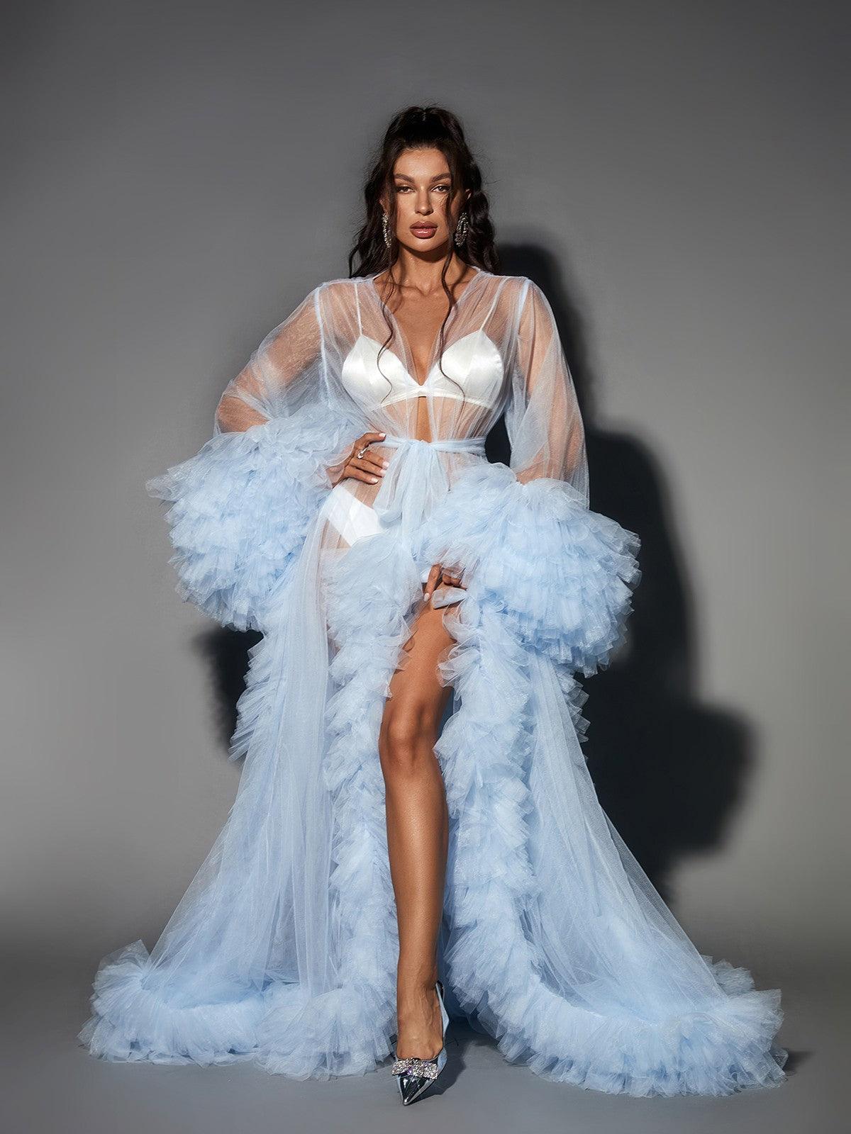 Sheer Tulle Long Sleeve Ruffle Trim Tie Waist Maxi Robe Dress