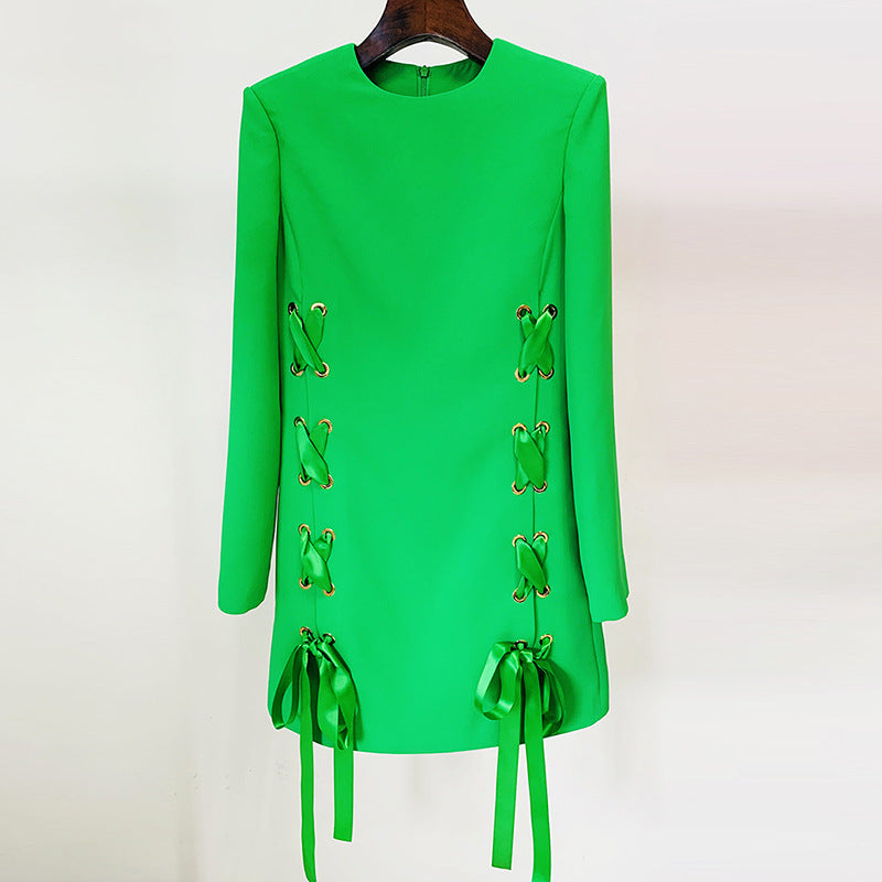 Lace Up Side Long Sleeve Shift Mini Dress 6