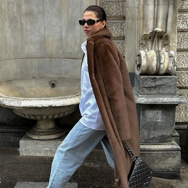 Lapel Collar Open Front Plush Faux Fur Longline Coat
