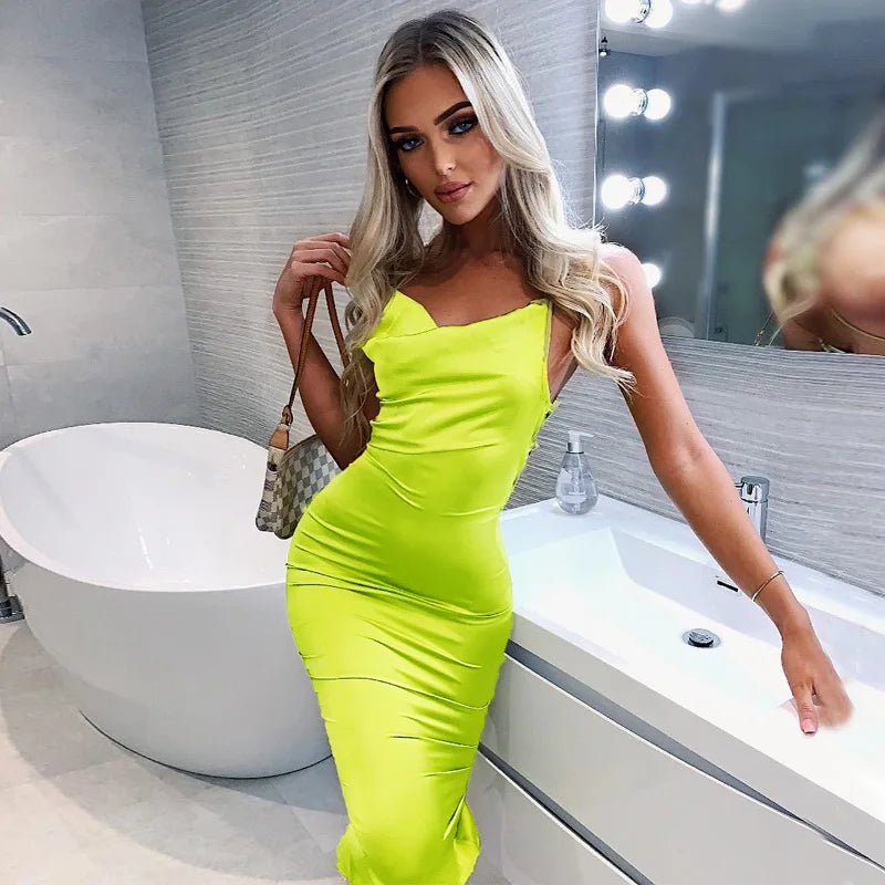 Satin Lace Up Pink Backless Midi Dress 6