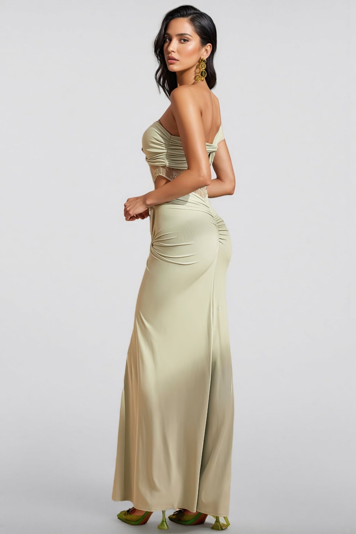 One Shoulder Twist Front Lace Insert Cut Out Draped Maxi Dress 6