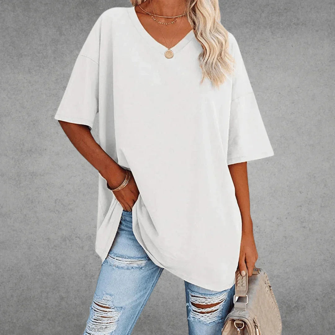 V-Neck Short Sleeve Oversized Drop Shoulder Tunic Top