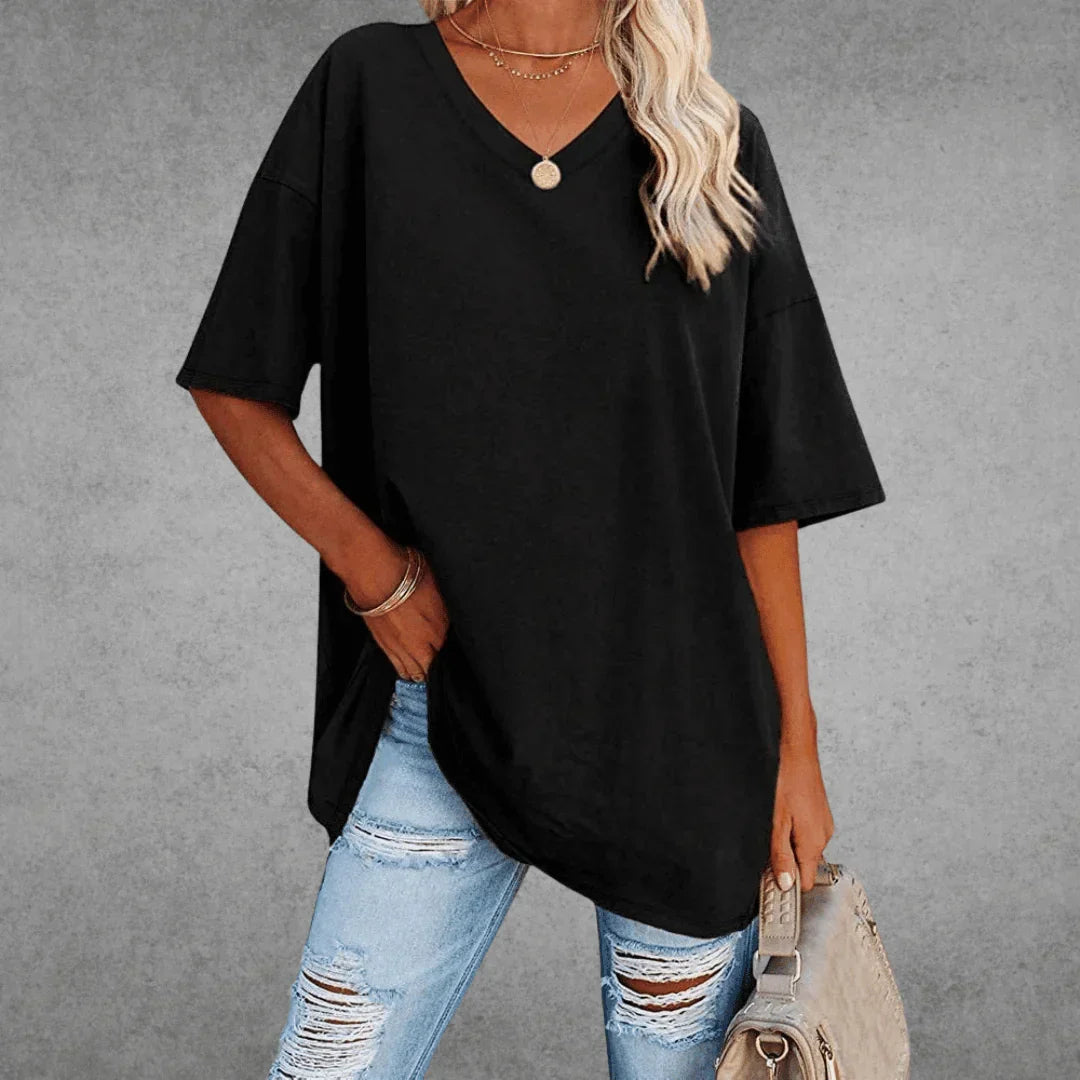 V-Neck Short Sleeve Oversized Drop Shoulder Tunic Top
