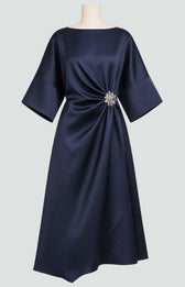 Boat Neck Batwing Ruched Satin Midi Dress 2