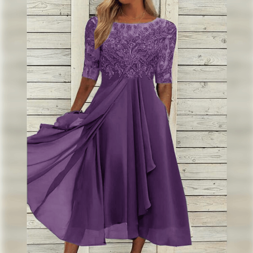 Lace Embroidered Sheer Sleeve Round Neck Draped Tier Midi Dress