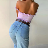 New Cute Purple Off Shouler Crop Ruffles t shirtTube For Women Summer Clothes Tank top
