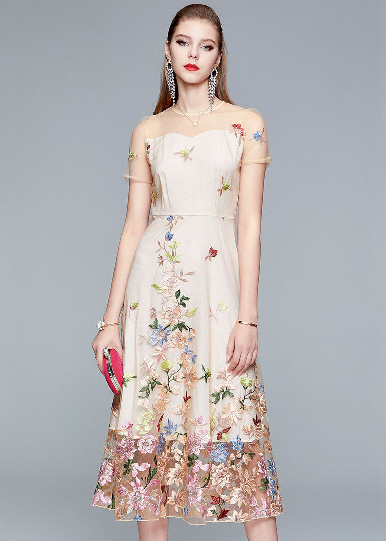 Floral Embroidered Mesh Illusion Neckline Short Sleeve A-Line Midi Dress