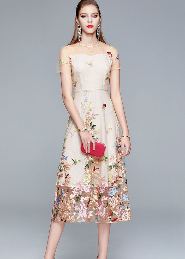 Floral Embroidered Mesh Illusion Neckline Short Sleeve A-Line Midi Dress