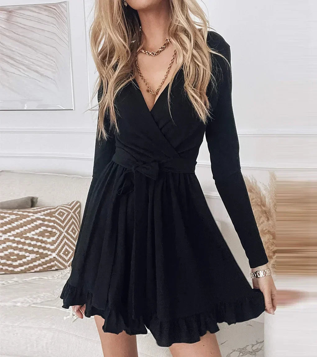 V-Neck Long Sleeve Wrap Tie Waist Ruffle Hem Mini Dress