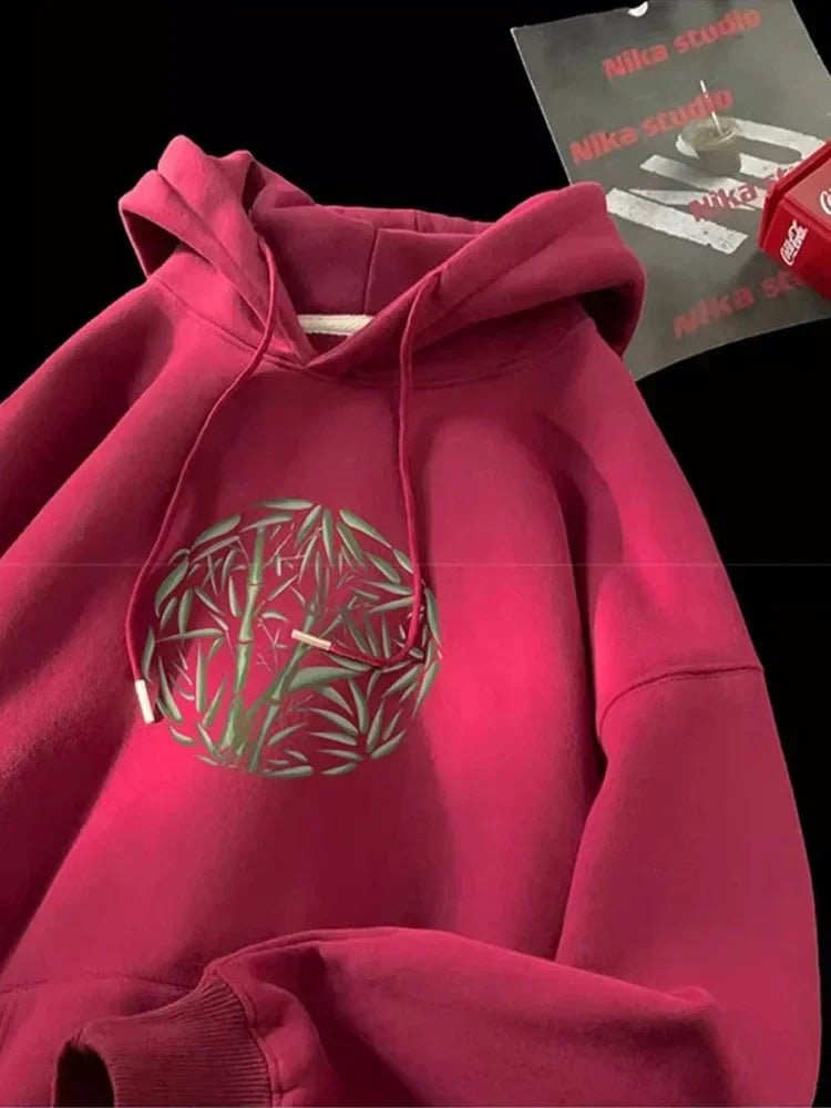 Round Bamboo Leaf Print Drawstring Fleece Pullover Hoodie 10