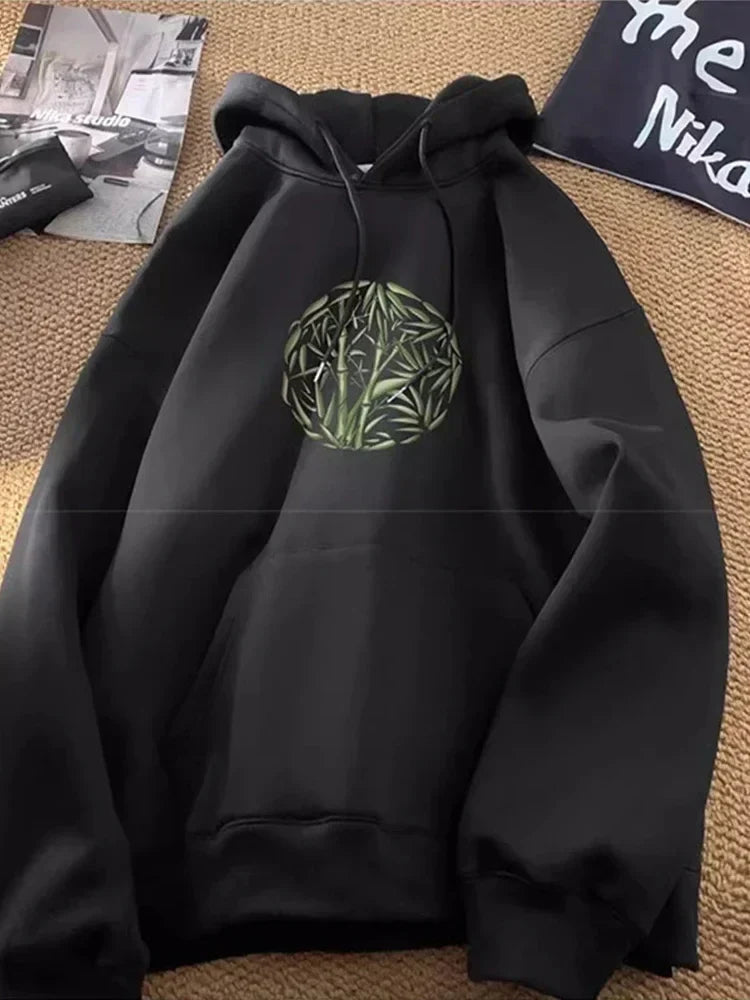 Bamboo Pattern Print Casual Y2K Hoodie Black / M(40-45KG)