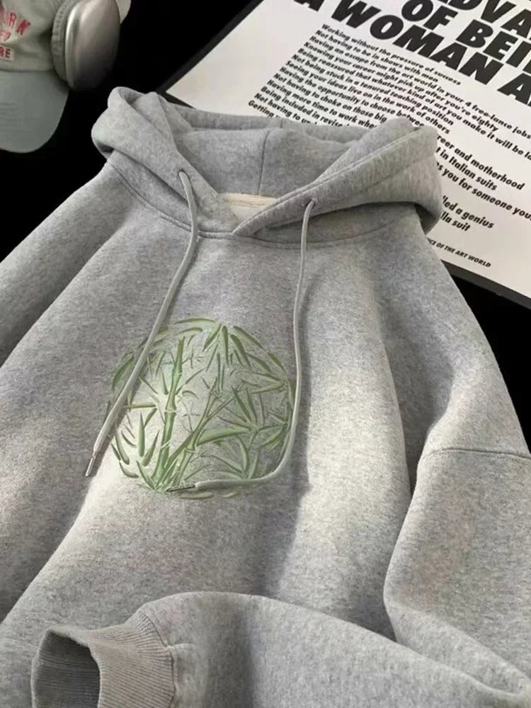 Bamboo Pattern Print Casual Y2K Hoodie GRAY / M(40-45KG)