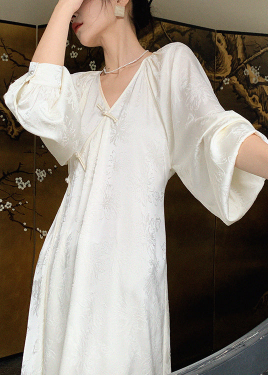 Jacquard Floral Frog Button Lantern Sleeve Maxi Dress