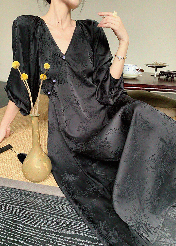 Jacquard Floral Frog Button Lantern Sleeve Maxi Dress