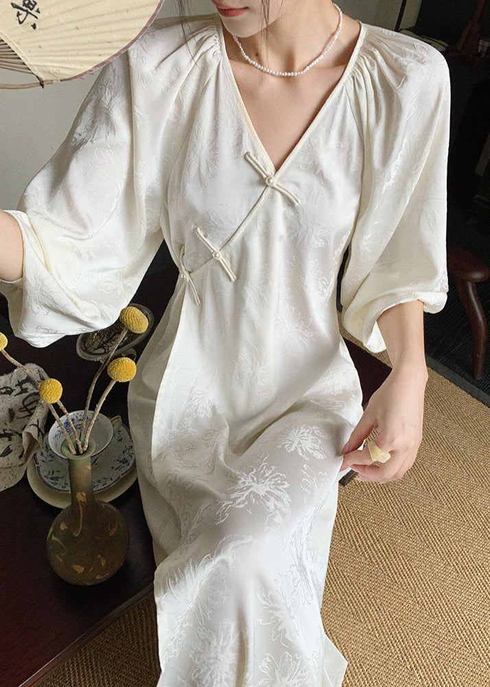 Jacquard Floral Frog Button Lantern Sleeve Maxi Dress