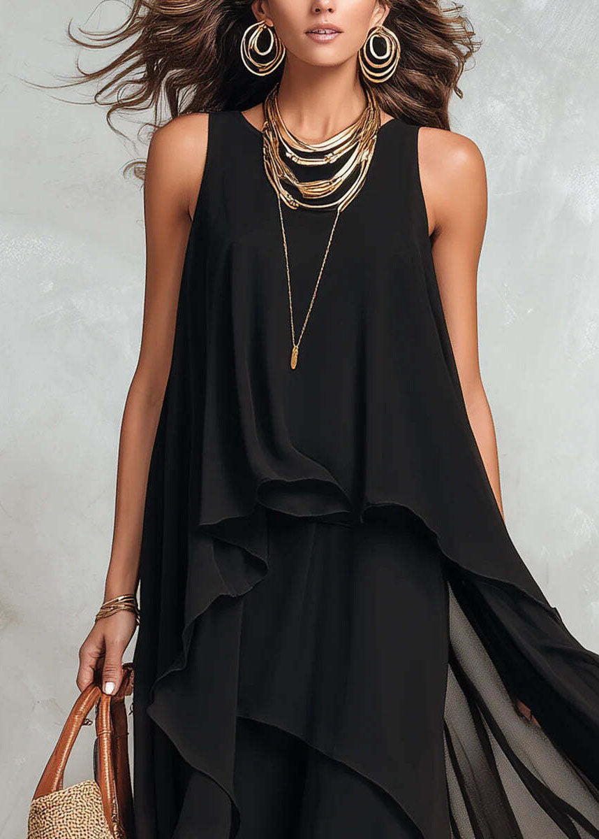 Sleeveless Round Neck Asymmetric Tiered Layered Chiffon Maxi Dress