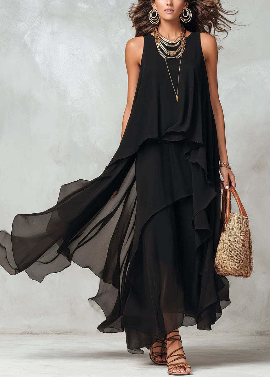 Sleeveless Round Neck Asymmetric Tiered Layered Chiffon Maxi Dress