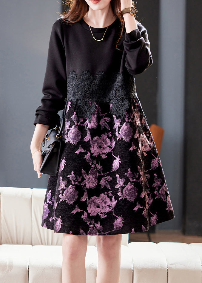 Floral Print Round Neck Long Sleeve Lace Waist A-Line Midi Dress