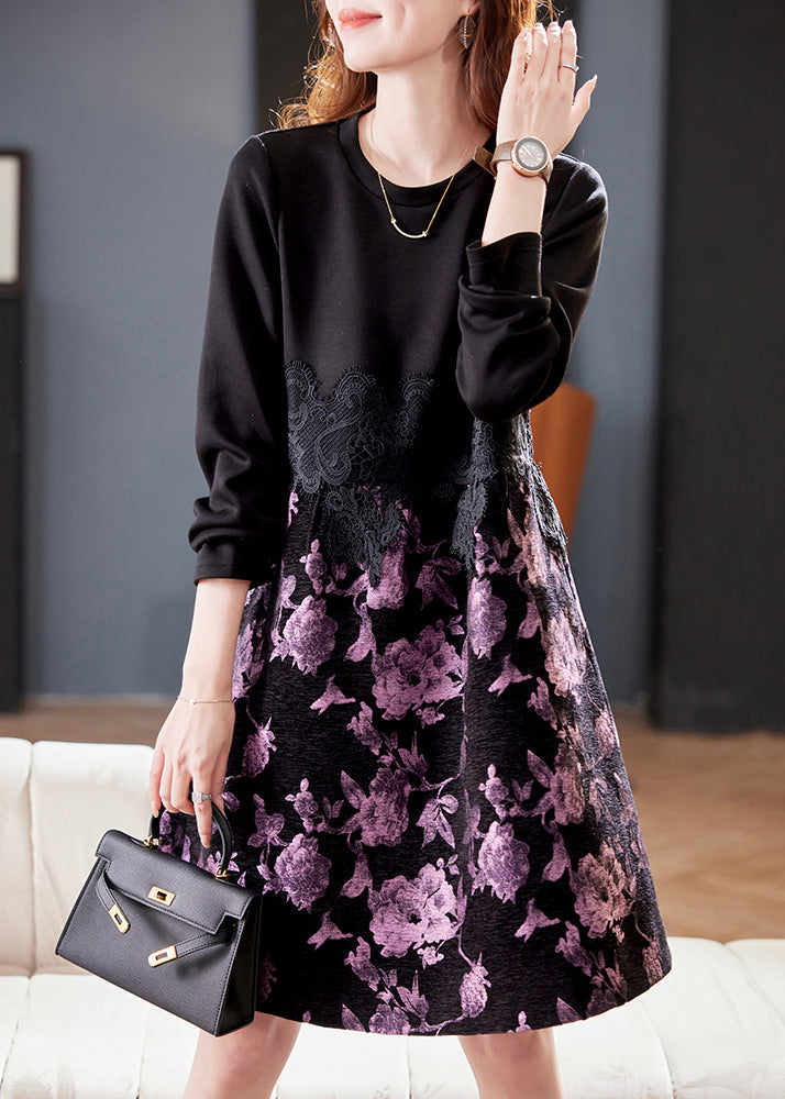 Floral Print Round Neck Long Sleeve Lace Waist A-Line Midi Dress