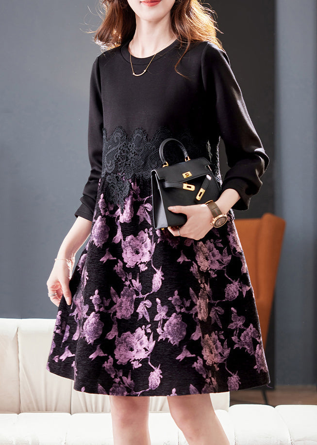 Floral Print Round Neck Long Sleeve Lace Waist A-Line Midi Dress