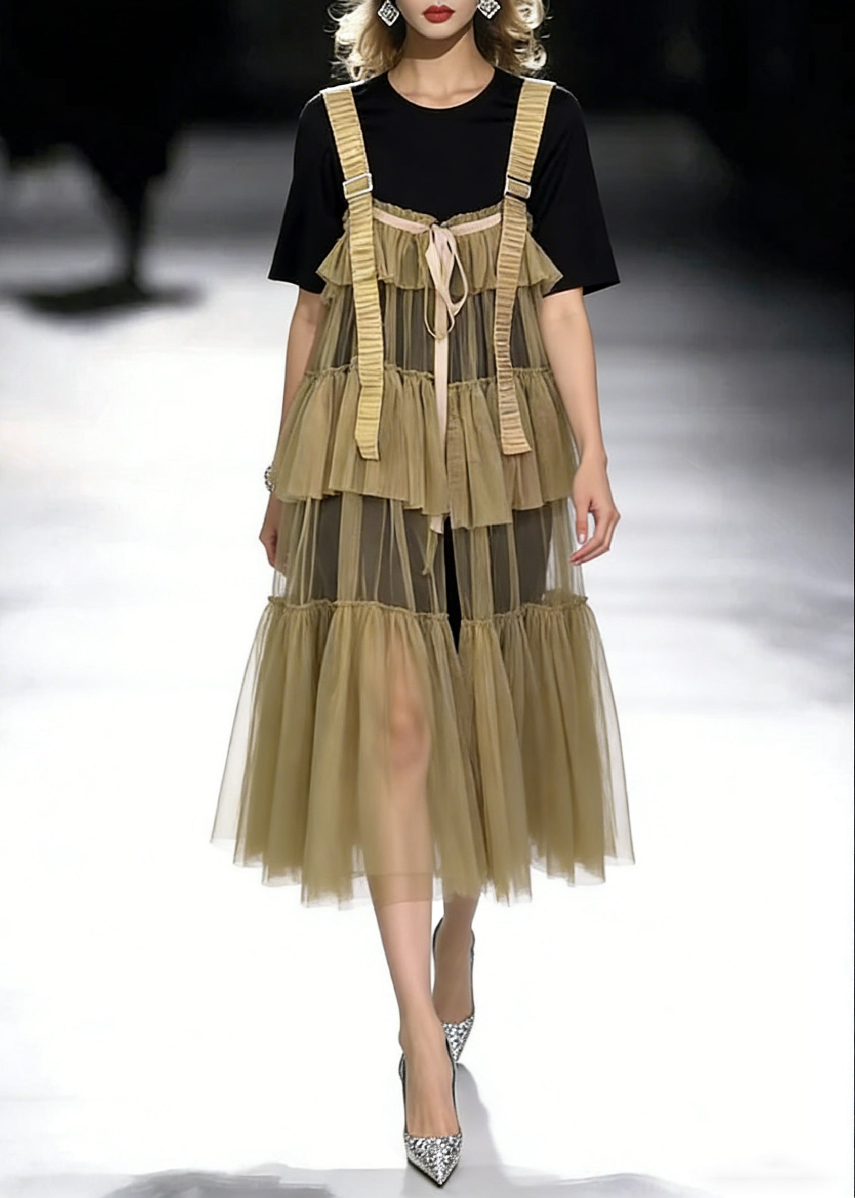 Crew Neck Short Sleeve T-Shirt Tiered Tulle Buckle Strap Wrinkled Midi Dress Two Piece Set