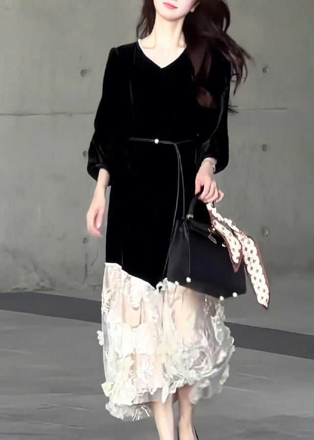 Velvet V-Neck Lantern Sleeve Asymmetric Lace Tulle Hem Midi Dress