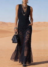 New Black V Neck Hollow Out Lace Tulle Patchwork Knit Maxi Dress Sleeveless 3