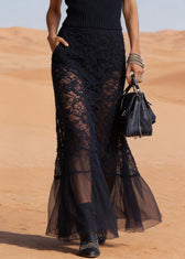 New Black V Neck Hollow Out Lace Tulle Patchwork Knit Maxi Dress Sleeveless 4