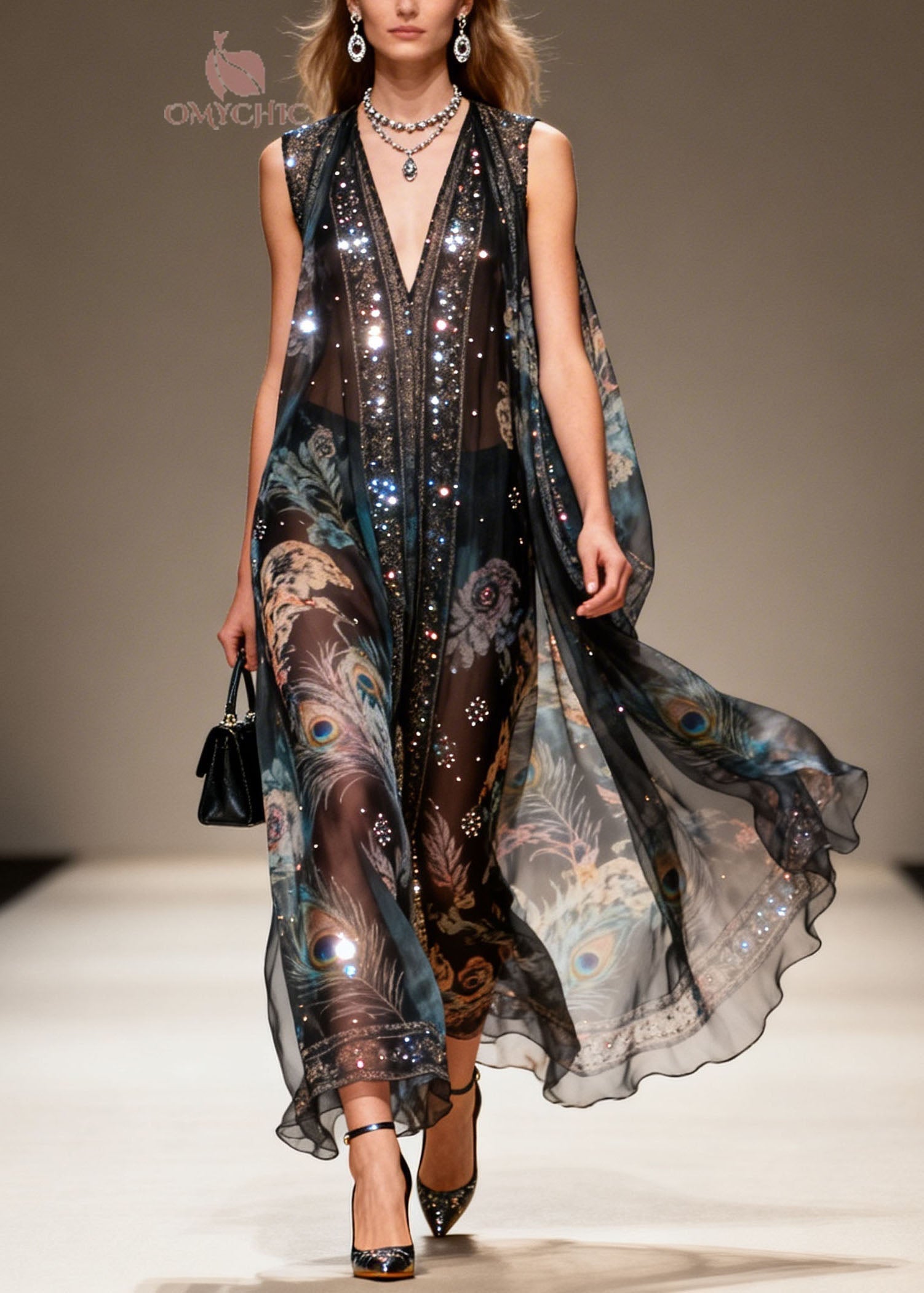 Sequin Chiffon Peacock Floral Print Deep V-Neck Cape Sleeveless Maxi Gown