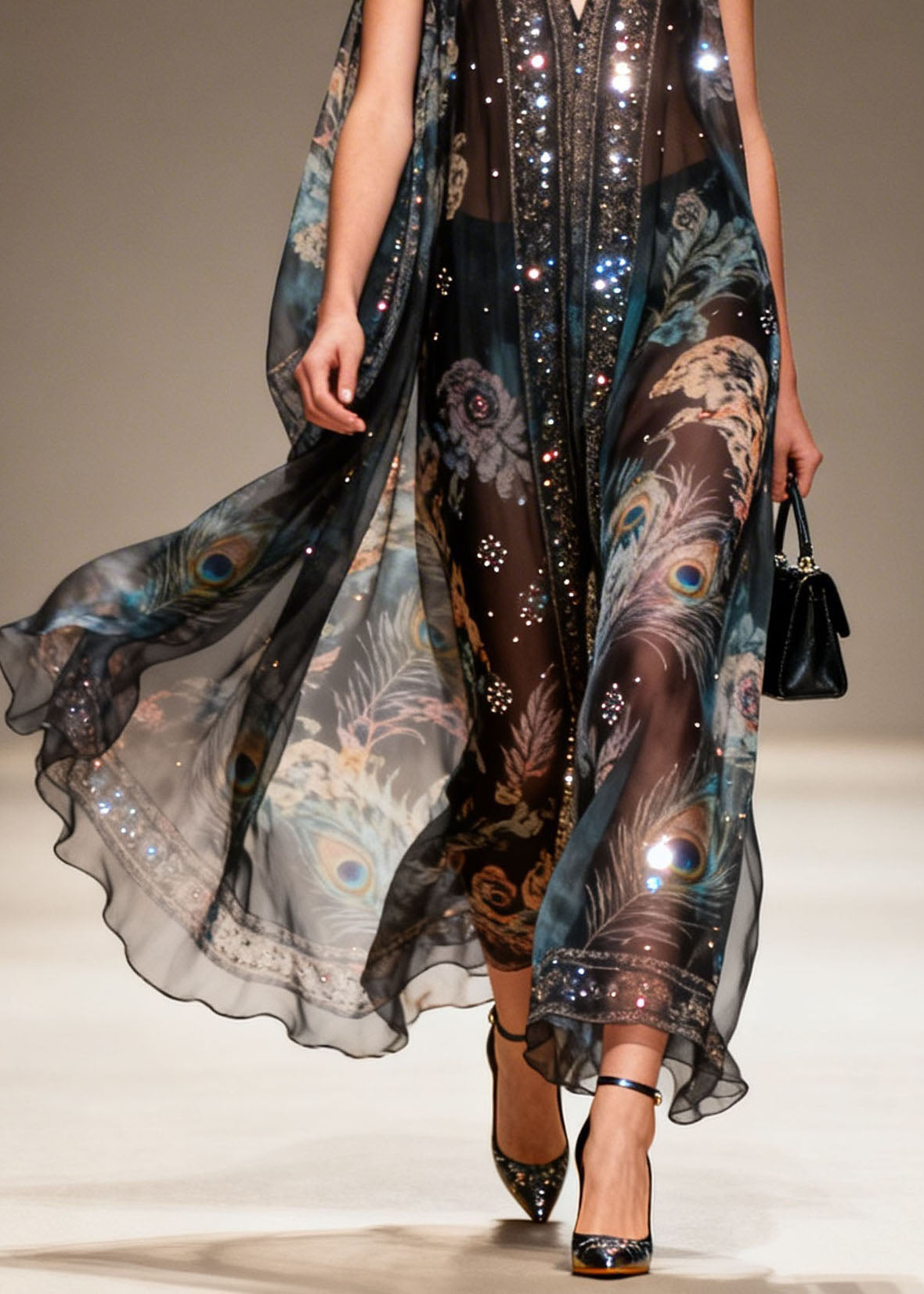 Sequin Chiffon Peacock Floral Print Deep V-Neck Cape Sleeveless Maxi Gown