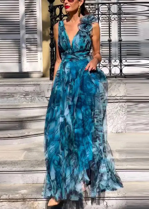 Abstract Print One Shoulder Floral Appliqué Deep V-Neck Cinched Waist Pleated Maxi Gown
