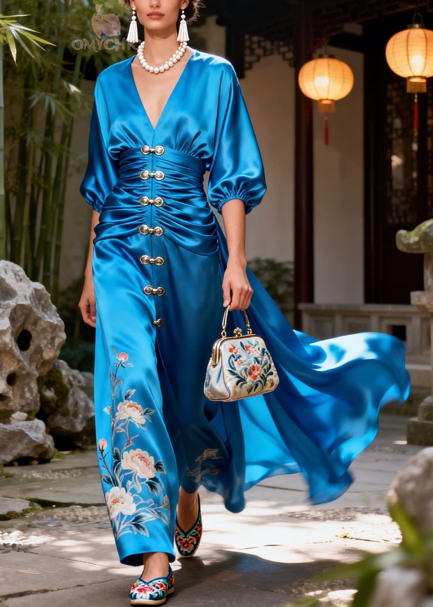 Satin Floral Deep V-Neck Lantern Sleeve Ruched Button Front Slit Maxi Gown