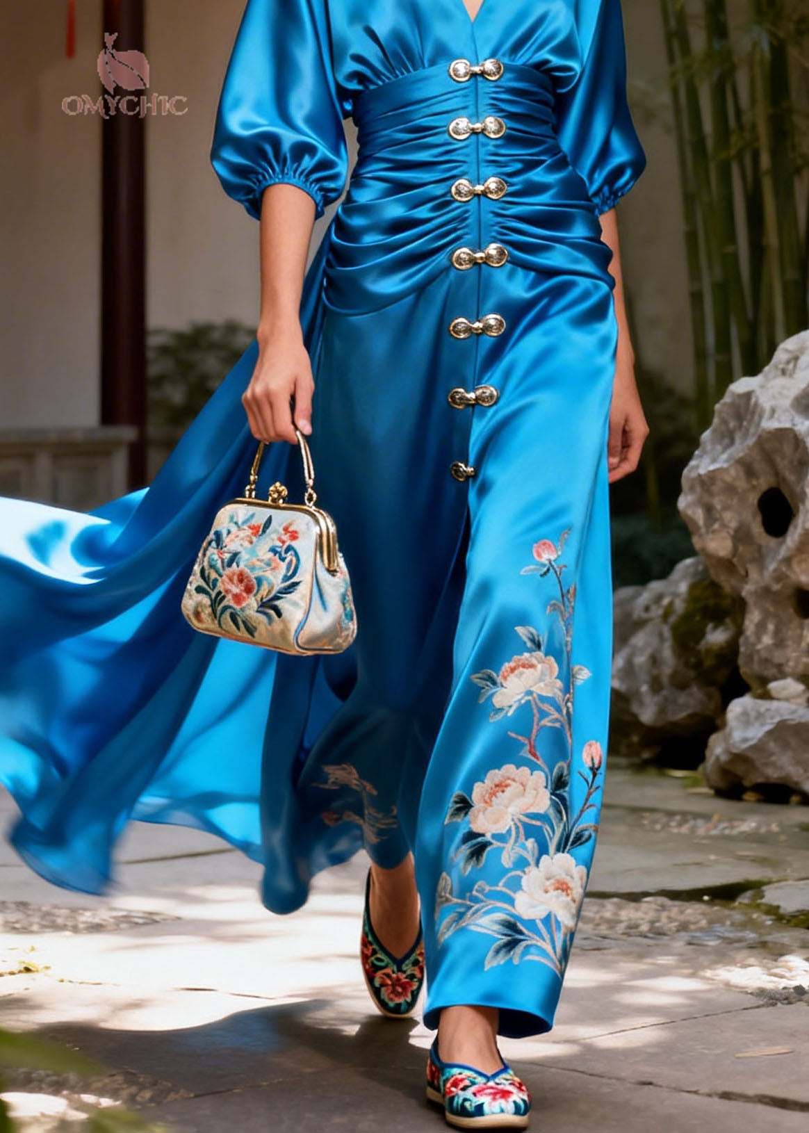 Satin Floral Deep V-Neck Lantern Sleeve Ruched Button Front Slit Maxi Gown