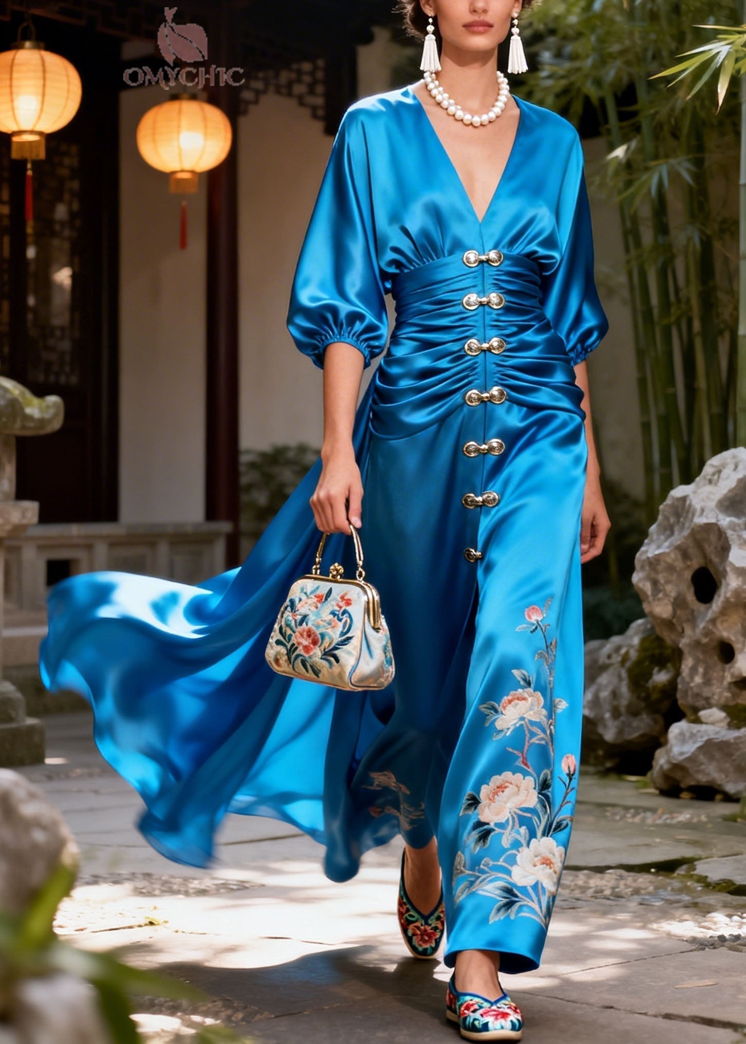 Satin Floral Deep V-Neck Lantern Sleeve Ruched Button Front Slit Maxi Gown
