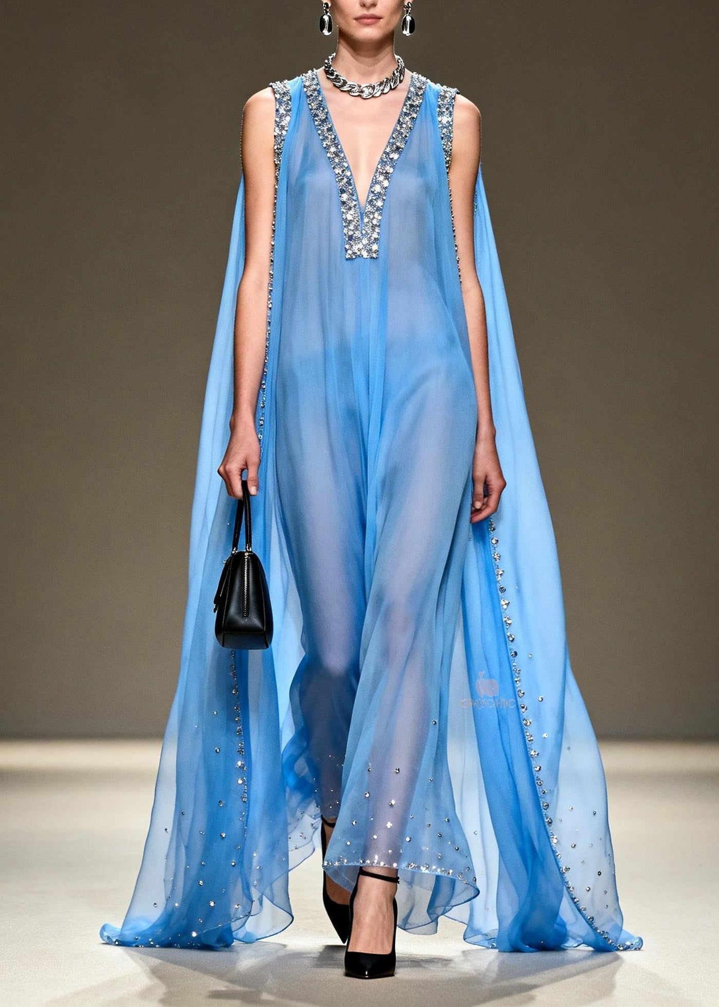 New Blue V Neck Zircon Patchwork Chiffon Maxi Dresses Summer