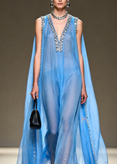 New Blue V Neck Zircon Patchwork Chiffon Maxi Dresses Summer 2