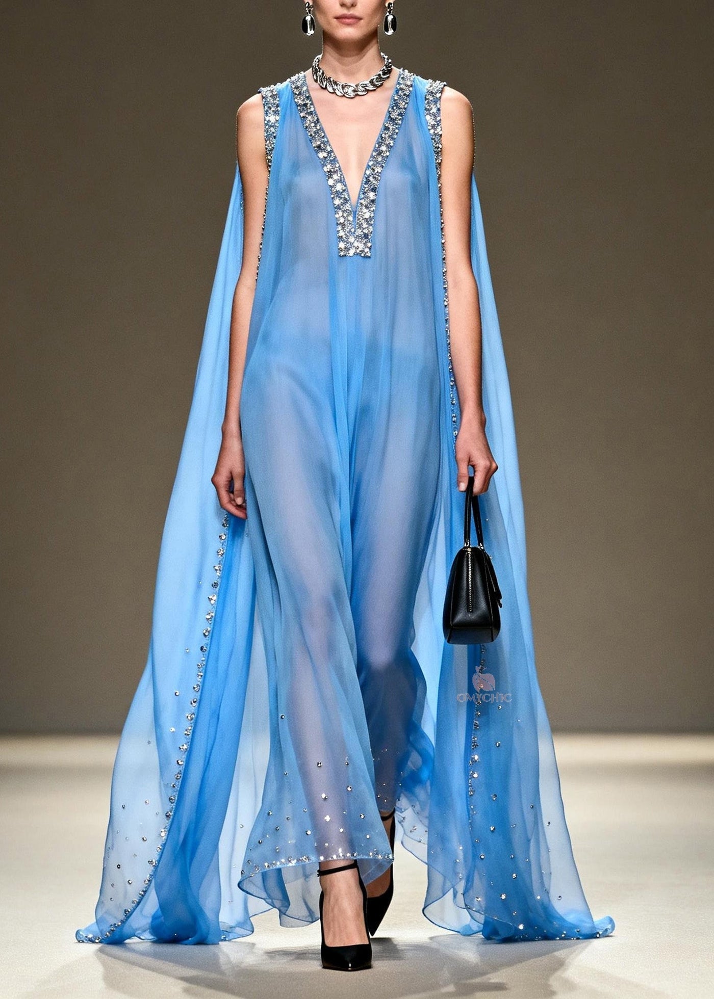 New Blue V Neck Zircon Patchwork Chiffon Maxi Dresses Summer 3