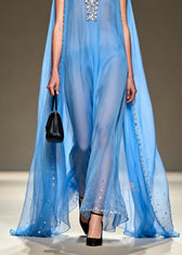 New Blue V Neck Zircon Patchwork Chiffon Maxi Dresses Summer 4