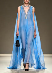 New Blue V Neck Zircon Patchwork Chiffon Maxi Dresses Summer 5