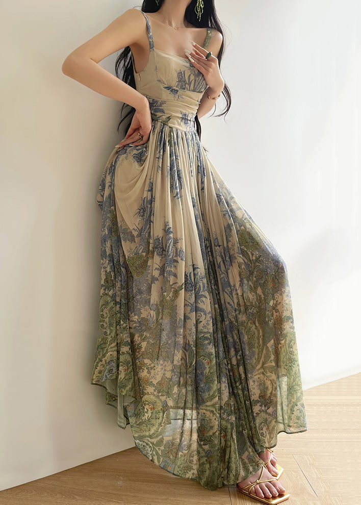 Spaghetti Strap Square Neck Botanical Print Pleated Chiffon Maxi Dress