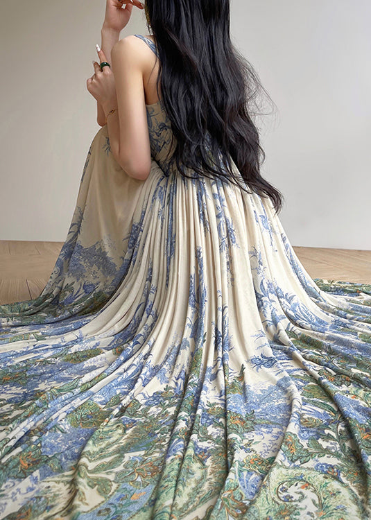 Spaghetti Strap Square Neck Botanical Print Pleated Chiffon Maxi Dress